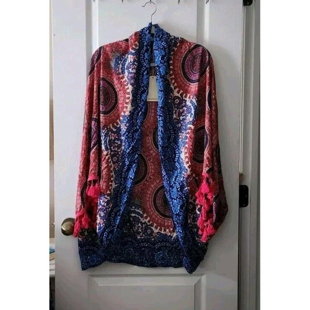 Jodifl Womens Kimono‎ Open Front Cardigan Blue Pink Rayon Tassels Flowy Boho S
